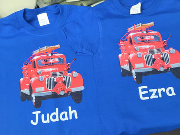 Personalized Kids T-Shirt Fire Engine Truck Design, T-Shirt, Colorful, Cotton, Low Price Inexpensive Tee Shirt, Student Gift, School Gift