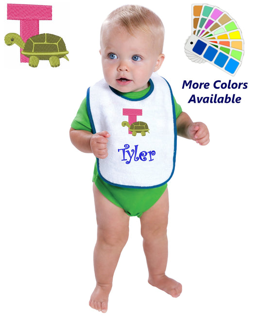 Personalized Baby Bib, White Cotton Terry with Contrast Trim, Letter T, Alphabet, Turtle Design, for Boy or Girl, Embroidered Name