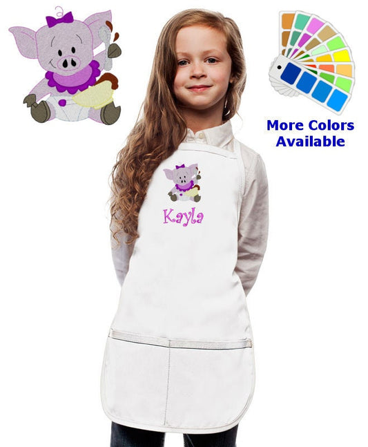 Personalized Kids Apron with Pig Embroidery Design, Monogrammed Birthday Gift, Kids Chef Apron, Kids Cook Apron, Custom Apron