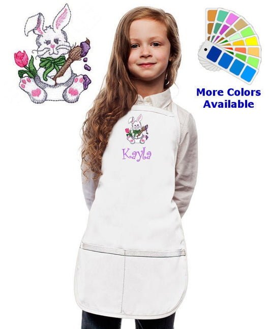Personalized Kids Easter Apron with Easter Bunny Flower Paint Brush Embroidery Design