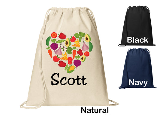 Personalized Food Heart Vegetables Healthy Cinch Pack, Drawstring Gym School Pool Backpack, Printed Monogrammed Custom Name, Perfect Gift