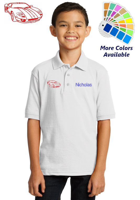 Personalized Kids Polo Shirt Embroidered Sports Car Outline Monogrammed with a Name or Text of Your Choice