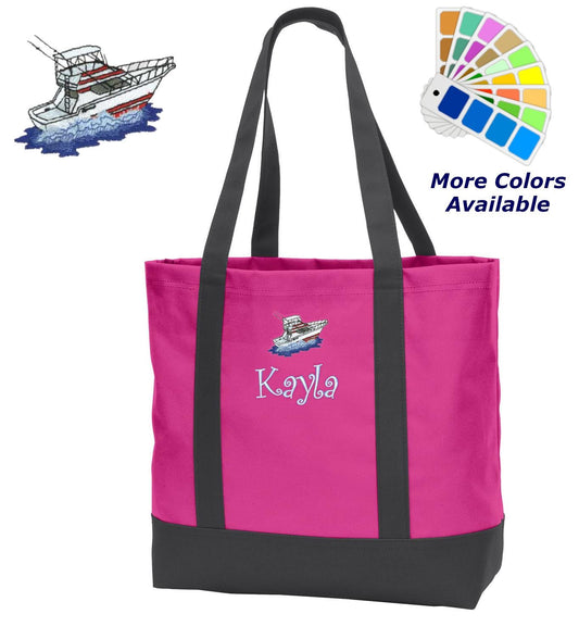 Personalized Tote Bag Embroidered Sport Fishing Boat with Name of Your Choice Perfect Yachting Gift