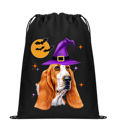 Halloween Basset Hound Cinch Pack, Drawstring Dog Lover Backpack, Retro Bag, Printed Witch Hat Bats, Perfect Fall Gift, Funny Mom Gift