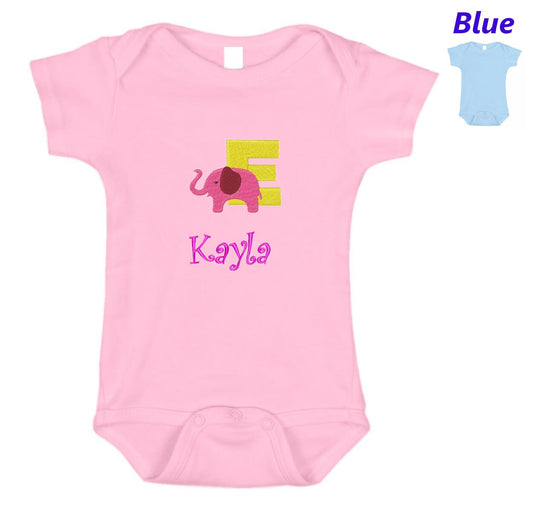 Personalized Baby Onesie Pink Blue Embroidered Letter E Elephant Newborn One Piece Body Suit Baby Shower Gift Monogrammed Your Baby's Name