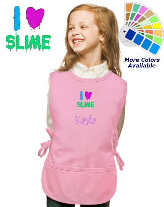 Personalized Kids Art Smock Cobbler Apron with I Love Slime Embroidery Design, School Art Smock, Art Class Gift, Student Gift