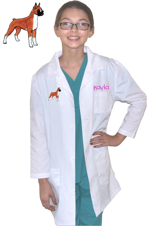 Personalized Kids Lab Coat with Boxer Dog Embroidery Design, Veterinarian Lab Coat, Birthday Gift, Childrens Lab Coat, Monogrammed Name