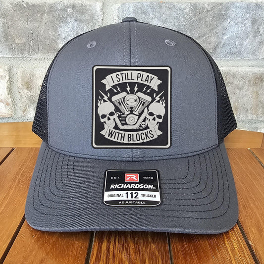 Motorcycle Mechanics Leather Patch Trucker Hat, Richardson 112, I Play with Blocks, Funny V Twin Cap, Work Hat, Dad Gift, Laser Engraved