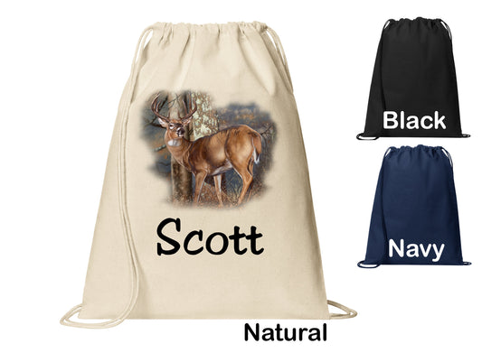 Personalized Buck Deer Standing Hunter Cinch Pack, Drawstring Gym School PE Pool Backpack, Printed Monogrammed Custom Name, Perfect Gift