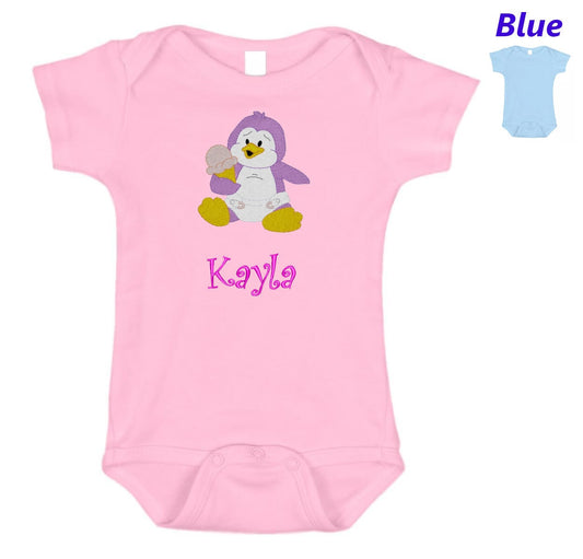 Personalized Baby Onesie Pink Blue Embroidered Baby Penguin Newborn One Piece Body Suit Baby Shower Gift Monogrammed Your Baby's Name