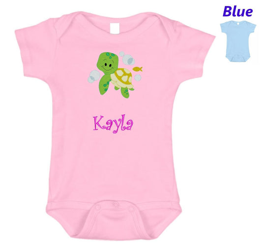 Personalized Baby Onesie Pink Blue Embroidered Baby Turtle Newborn One Piece Body Suit Baby Shower Gift Monogrammed with Your Baby's Name