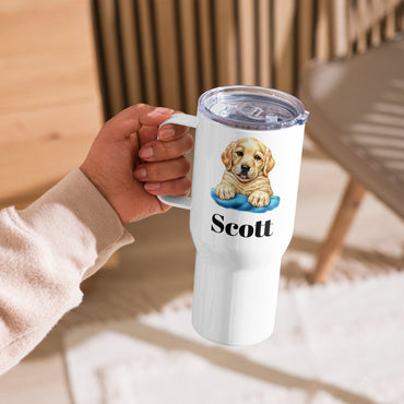 Custom Golden Retriever Puppy Dog Travel Mug Tumbler with Handle, Stainless Steel BPA-free Cup, 25 Ounce Mug, Dad Mom Dog Lover Gift