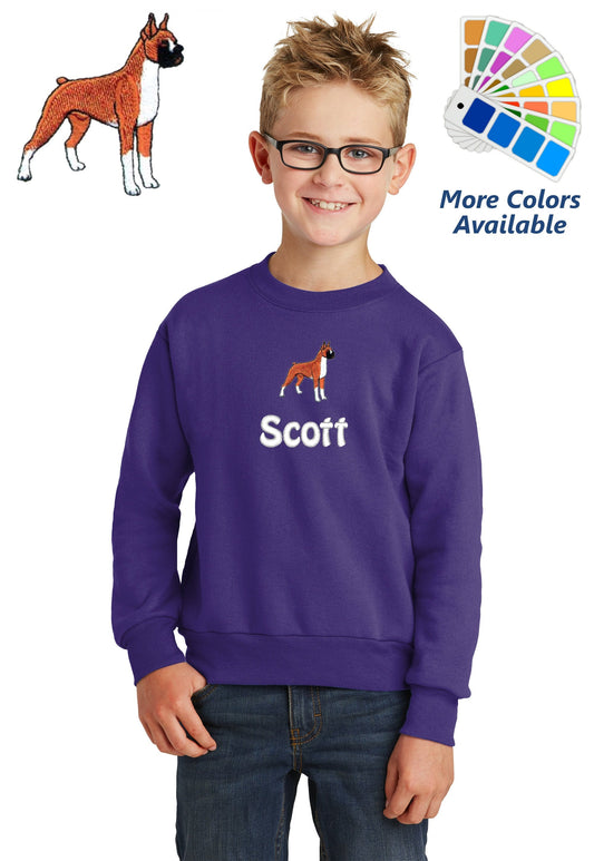 Personalized Kids Boxer Dog Sweatshirt Embroidered Name Unisex Girl or Boy Gift with Monogrammed Name Sports Gift Crewneck Sweater