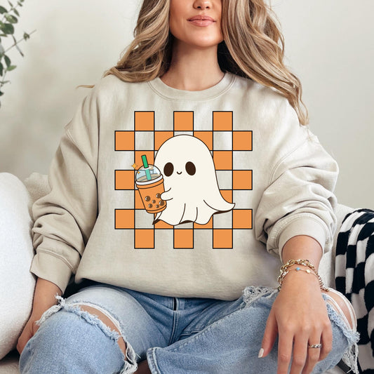 Halloween Ghost Sweatshirt, Cute Ghost Checker Coffee Sweats, Womens Halloween Sweatshirt, Cute Retro Fall Sweats, Spooky Season, Fall Gift
