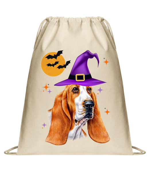 Halloween Basset Hound Cinch Pack, Drawstring Dog Lover Backpack, Retro Bag, Printed Witch Hat Bats, Perfect Fall Gift, Funny Mom Gift