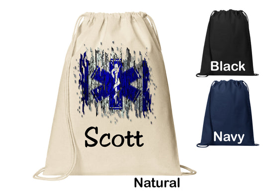 Personalized EMS EMT Firefighter Cinch Pack, Drawstring Gym School Pool Backpack, Printed Monogrammed Custom Name, Perfect Gift