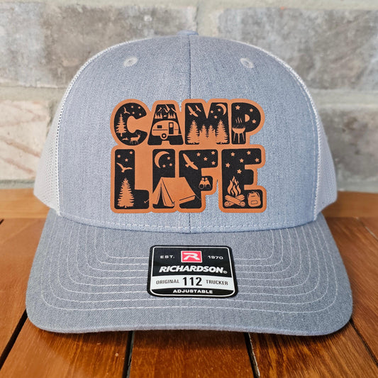 Camping Leather Patch Trucker Hat, Richardson 112, Camp Life Cap, Tent Life Hat, RV Lover Hat, Dad Gift, Laser Engraved