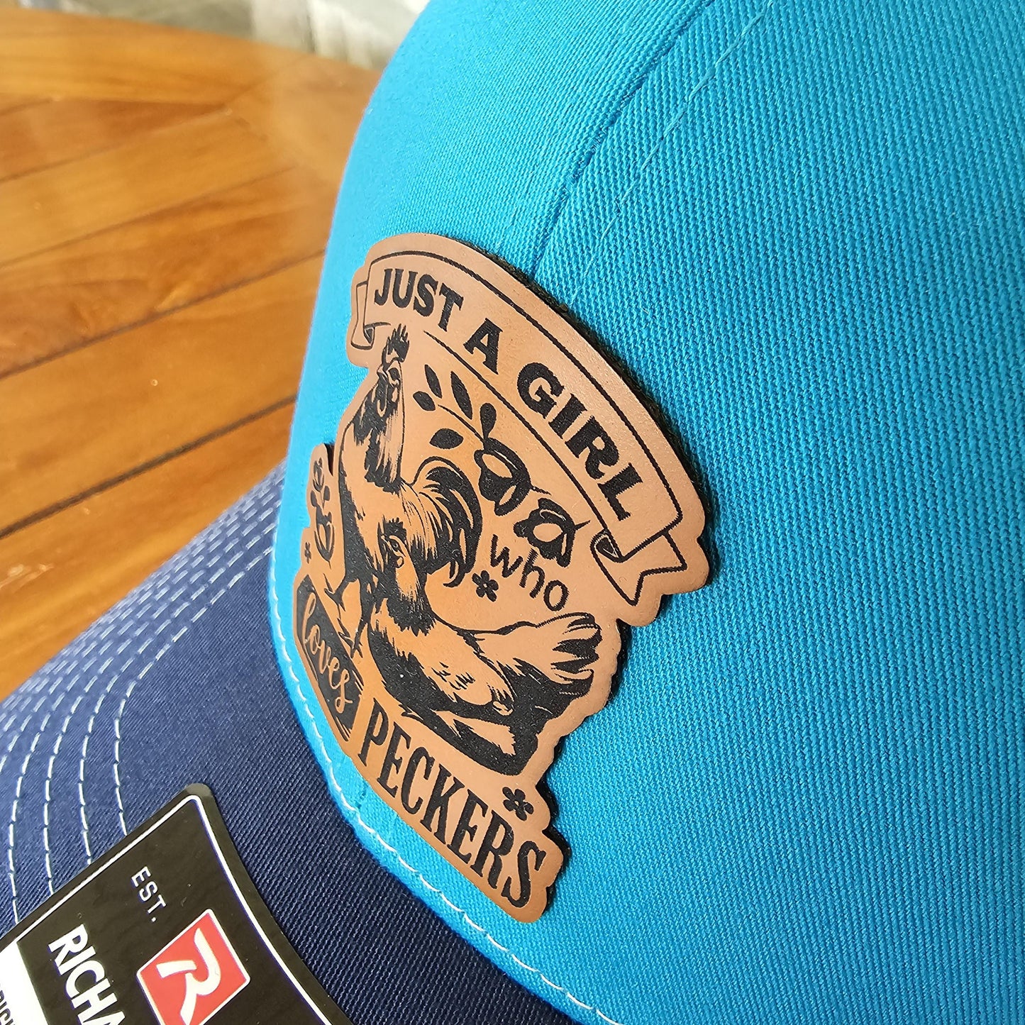 Chicken Leather Patch Trucker Hat, Richardson 112, Just a Girl Loves Peckers Cap, Funny Hat, Chicken Lover Hat, Farmer Gift, Laser Engraved