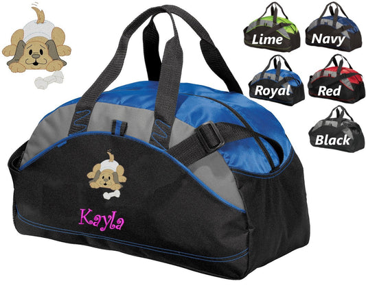 Personalized Kids Duffel Bag Gym Bag School PE Contrast Piping and Stitching Embroidered with Puppy and Name or Text of Your Choice