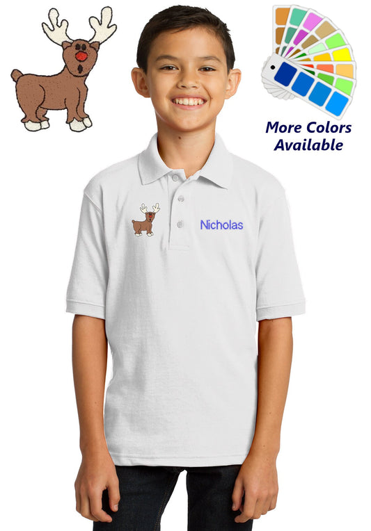 Personalized Kids Polo Shirt Embroidered Rudolph Red Nose Reindeer Monogrammed with a Name or Text of Your Choice