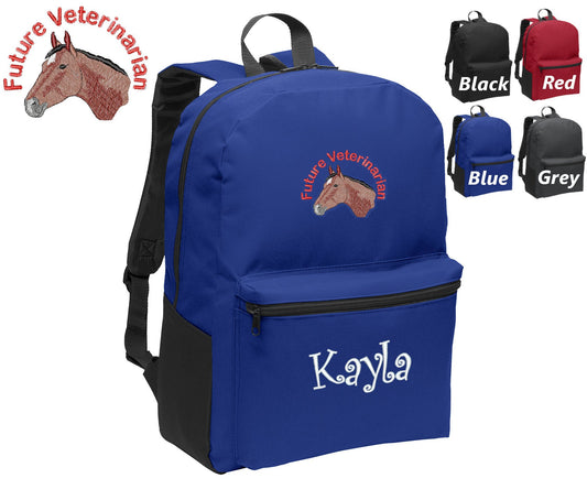 Personalized Kids Backpack Embroidered Future Veterinarian Horse Monogrammed with Name of Your Choice Perfect Kids School Gift