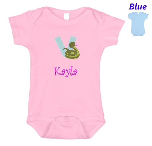 Personalized Baby Onesie Pink Blue Embroidered Letter V Newborn One Piece Body Suit Baby Shower Gift Monogrammed Your Baby's Name