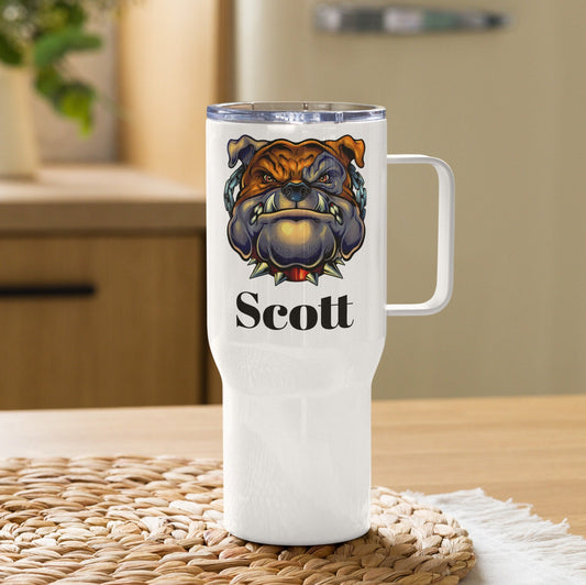 Custom Bulldog Dog Travel Mug Tumbler with Handle, Stainless Steel BPA-free plastic Cup, 25 Ounce Mug, Dad Mom Dog Lover Gift