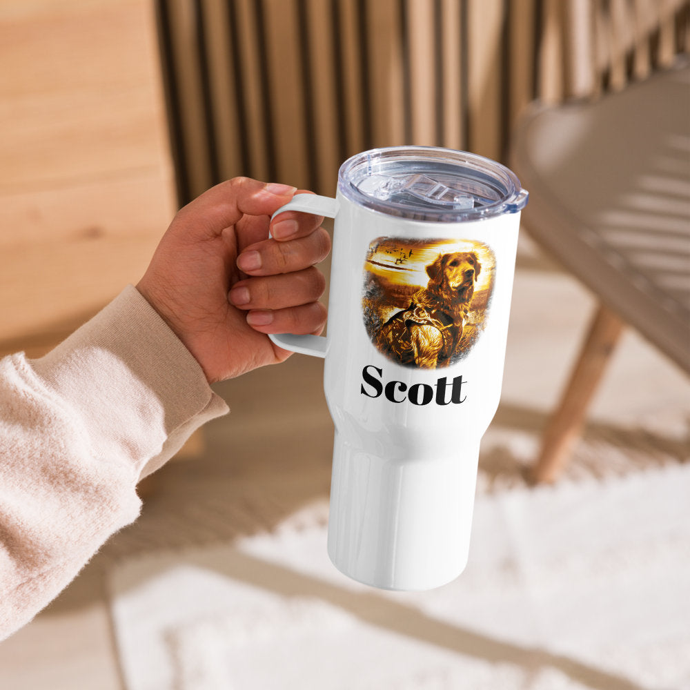 Custom Golden Retriever Hunting Dog Travel Mug Tumbler with Handle, Stainless Steel BPA-free Cup, 25 Ounce Mug, Dad Mom Dog Lover Gift
