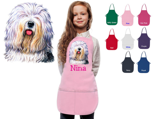 Personalized Kids Apron Old English Sheep Dog Design, Monogrammed Gift, Chef Gift, Cooking Party, Art Party, School Aprons, Printed Apron