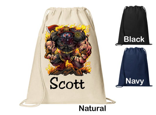 Personalized Firefighter Bodybuilder Cinch Pack, Drawstring Gym School Pool Backpack, Printed Monogrammed Custom Name, Perfect Gift