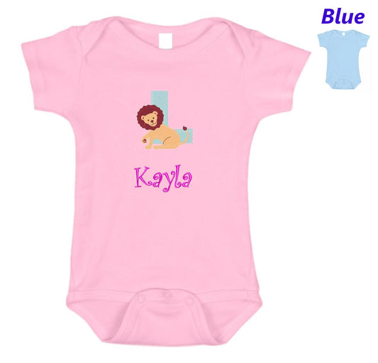 Personalized Baby Onesie Pink Blue Embroidered Letter L Lion Newborn One Piece Body Suit Baby Shower Gift Monogrammed Your Baby's Name