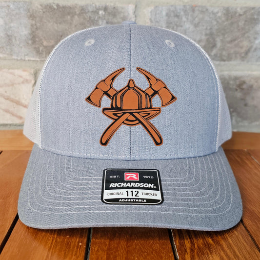 Firefighter Leather Patch Trucker Hat with Helmet Axes, Richardson 112, Fireman Hat, Dad Gift, Husband Gift, Station Gift, Laser Engraved