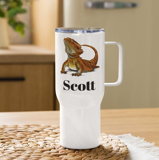 Custom Bearded Dragon Travel Mug Tumbler with Handle, Stainless Steel BPA-free plastic Cup, 25 Ounce Mug, Dad Gift