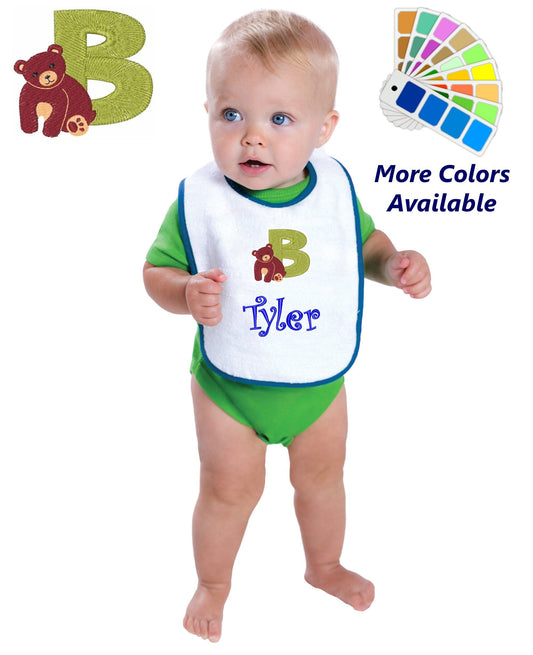 Personalized Baby Bib, White Cotton Terry with Contrast Trim, Letter B, Alphabet, Bear Design, for Boy or Girl, Embroidered Name