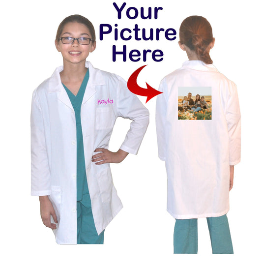Personalized Kids Doctor Lab Coat with Large Printed Picture on Back, School, Science, Nurse, Veterinarian
