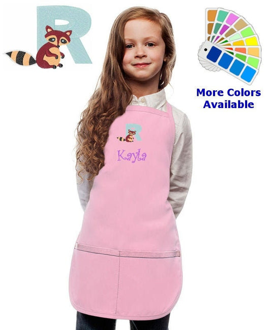 Personalized Kids Apron with Animal Alphabet Letter R Raccoon Embroidery Design, Monogrammed Art Smock, Childrens Apron, Cooking Gift