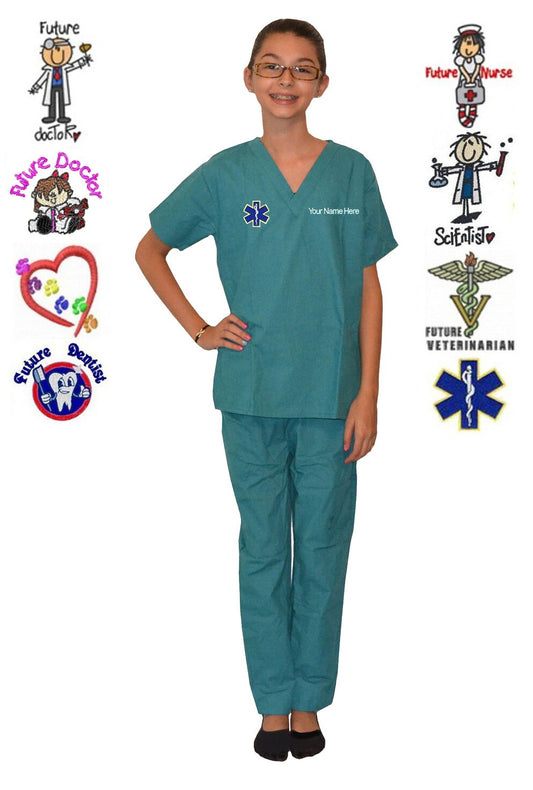 Embroidered Personalized Teal Green Kids Scrubs for little Doctors and Nurses