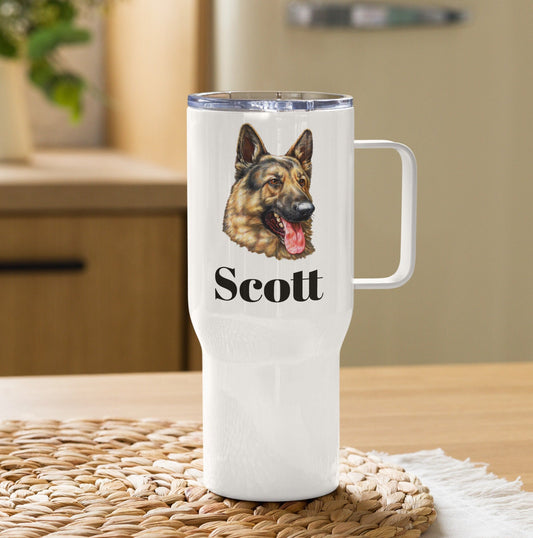 Custom German Shepherd Dog Travel Mug Tumbler with Handle, Stainless Steel BPA-free plastic Cup, 25 Ounce Mug, Dad Mom Dog Lover Gift