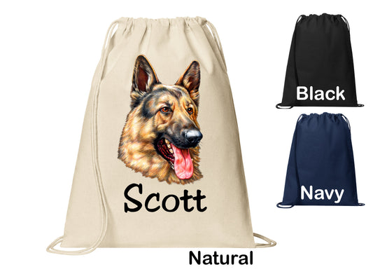 Personalized German Shepherd Dog Face Cinch Pack, Drawstring Gym School Pool Backpack, Printed Monogrammed Custom Name, Perfect Gift