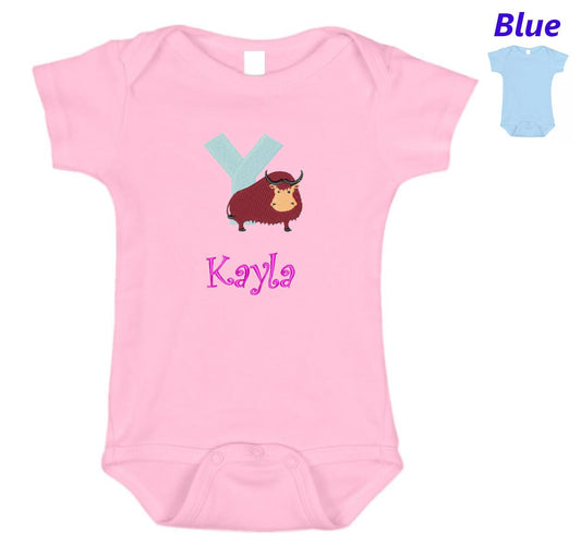 Personalized Baby Onesie Pink Blue Embroidered Letter Y Yak Newborn One Piece Body Suit Baby Shower Gift Monogrammed Your Baby's Name