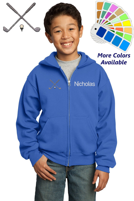 Personalized Kids Golf Hoodie Sweatshirt Zipper Embroidered Golf Clubs Design with a Name of Your Choice