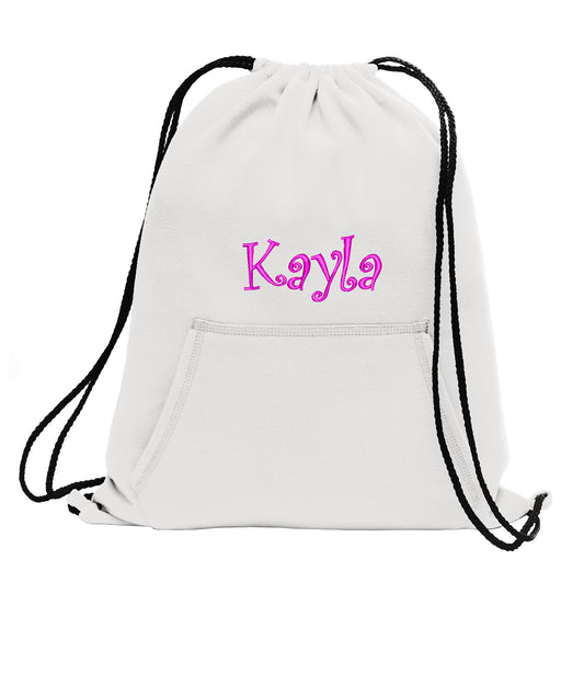 Personalized White Cinch Pack, Fleece, Drawstring Gym School PE Pool Backpack, Embroidered Monogrammed Custom Name, School Gift