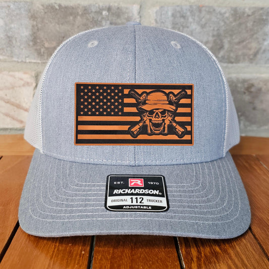Skull Flag Rifles Leather Patch Trucker Hat, Richardson 112, Patriotic Hat, Military Gift, Dad Gift, Husband Gift, Laser Engraved