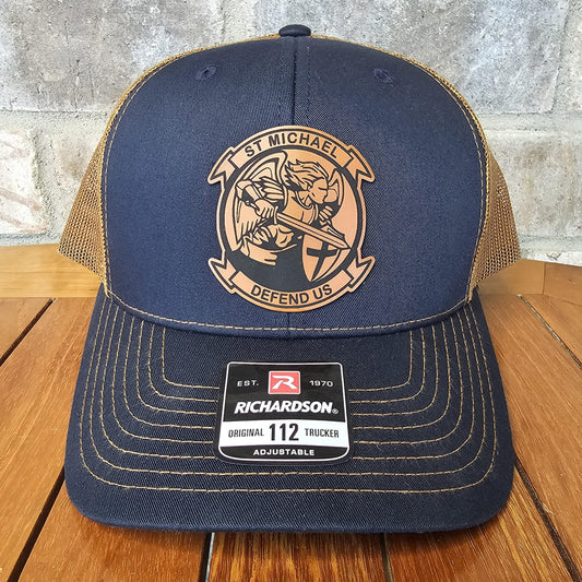 Saint Michael Leather Patch Trucker Hat, Richardson 112, Defend Us Hat, Military Gift, Dad Gift, Husband Gift, Veteran Hat, Laser Engraved