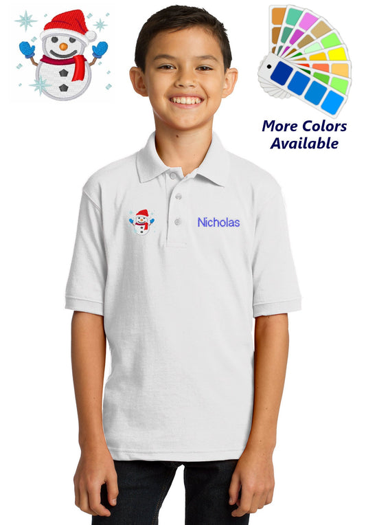 Personalized Kids Polo Shirt Embroidered Snowman Frosty Monogrammed with a Name or Text of Your Choice