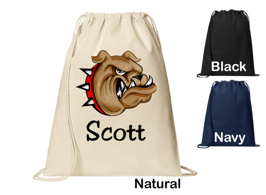 Personalized Bulldog Bull Dog Cartoon Cinch Pack, Drawstring Gym School PE Pool Backpack, Printed Monogrammed Custom Name, Perfect Gift