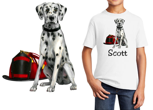 Personalized Kids T-Shirt Dalmatian Firefighter Dog Design, T-Shirt, Colorful, Cotton, Low Price Inexpensive Tee Shirt, Student School Gift