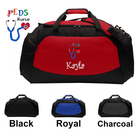 Personalized Peds Nurse Large Duffle Bag, Pediatrics, Scrubs Travel Bag, Embroidered Custom Name, Hospital Bag, Monogrammed, Travel Gift