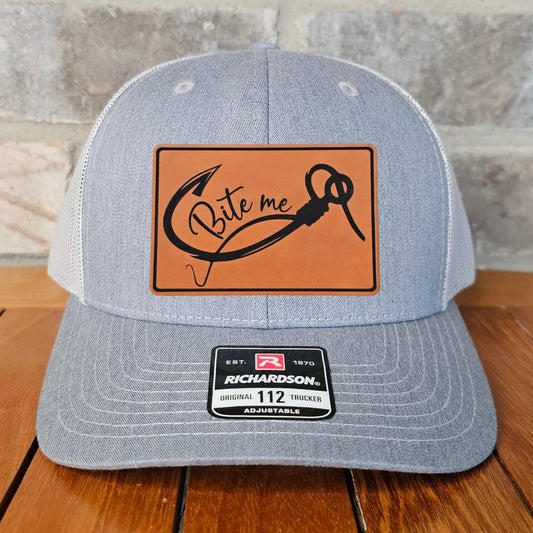 Funny Fishing Leather Patch Trucker Hat, Bite Me Design, Richardson 112, Funny Dad Gift Husband Gift, Sportsman Gift, Laser Engraved