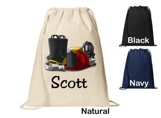 Personalized Firefighter Equipment Helmet Cinch Pack, Drawstring Gym School Pool Backpack, Printed Monogrammed Custom Name, Perfect Gift